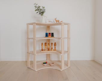 Solid Wood Montessori Corner Shelf | Modular Toy Storage