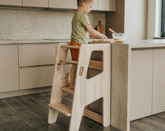 Solid Wood Montessori Kitchen Tower, Toddler Step Stool