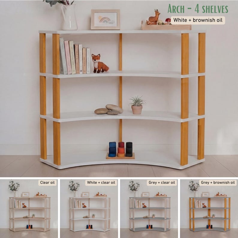 May include: A white and wood-toned arched bookshelf with four shelves. The frame is made of light-colored wood, and the shelves are white. The text "ARCH - 4 SHELVES" is visible. The bookshelf is filled with books and decorative items.