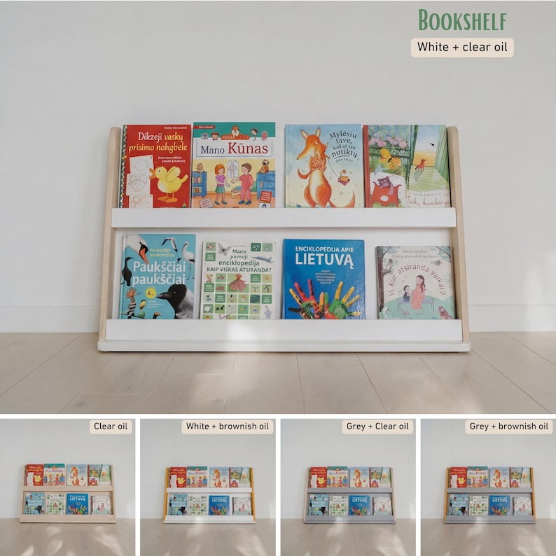 May include: A white bookshelf with a clear oil finish, filled with colorful children's books. The bookshelf has two shelves and a light wood frame. The text "BOOKSHELF" and "White + clear oil" are visible.