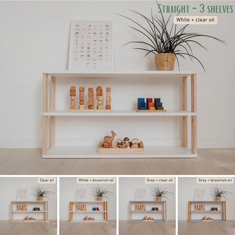 May include: A white wooden shelf unit with three shelves and natural wood supports. The unit is filled with wooden toys and decorative items. The top of the unit has a potted plant. Text on the image reads "STRAIGHT - 3 SHELVES White + clear oil".