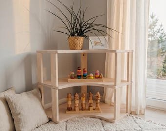 Solid Wood Montessori Corner Shelf | Modern Toy Storage