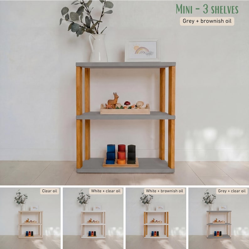 May include: A three-shelf wooden storage unit with gray shelves and natural wood supports. The text "MINI - 3 SHELVES" is at the top. The unit is displayed with toys and decorative items. Additional images show different finishes.