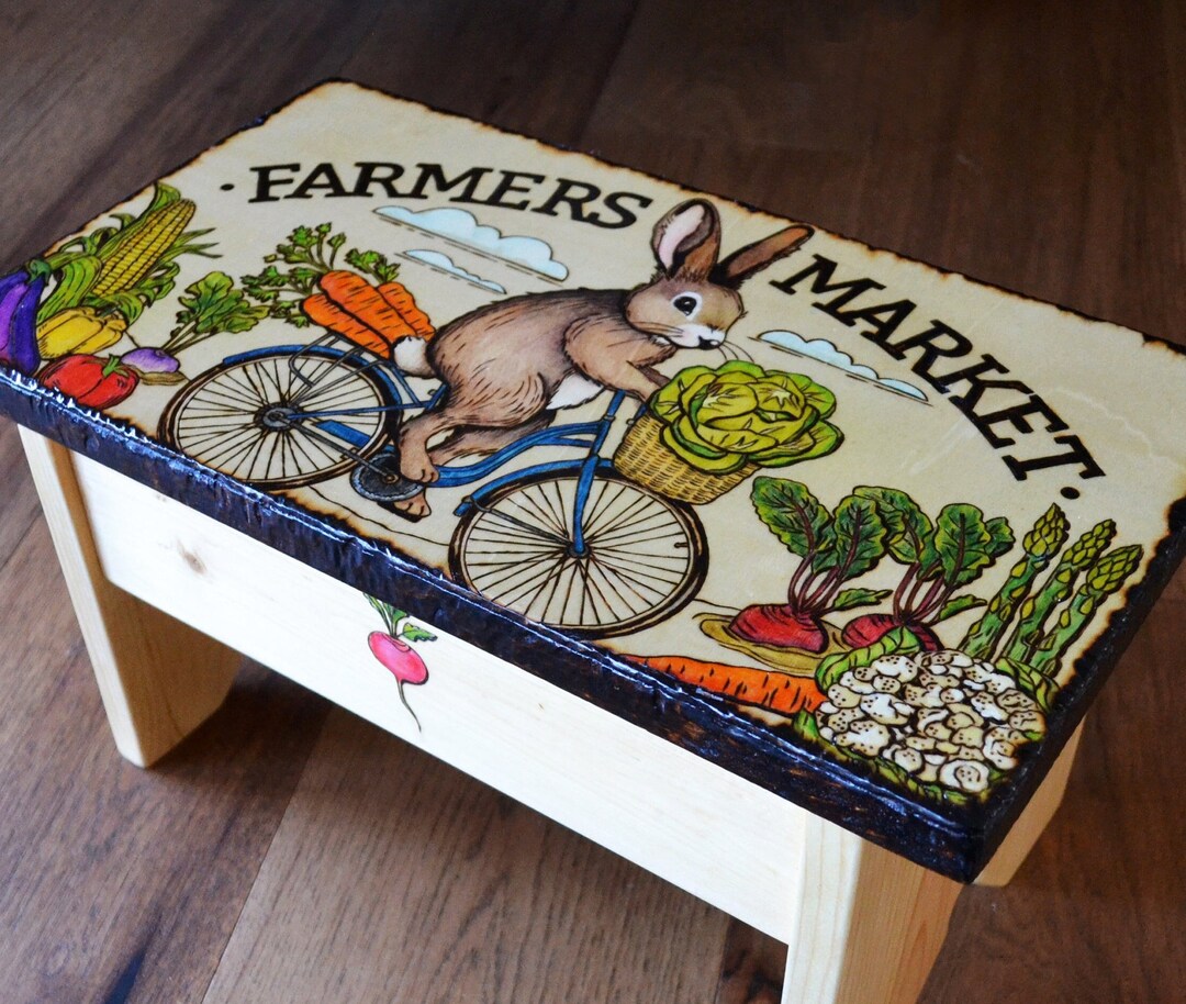 Farmers Market Rabbit Vegetable Hand Painted Woodburned Bunny Pine ...