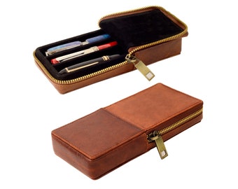 Genuine leather wooden secure Pen case case for 3 jumbo pens | rare oil pull leather | Hard wood pen case