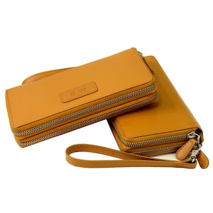 Genuine Leather Travel wristlet wallet in Safiano Pattern Leather and Mango Yellow Colour - RFID blocked -  Multi-Utility pockets