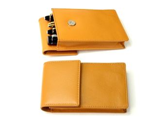 Genuine leather Pen pouch case for 4 super jumbo pens in safiano pattern mango yellow colour - Pure handmade
