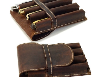 Estojo de couro genuíno para 4 canetas jumbo - feito de couro hunter 100% oil pull - Oferta especial