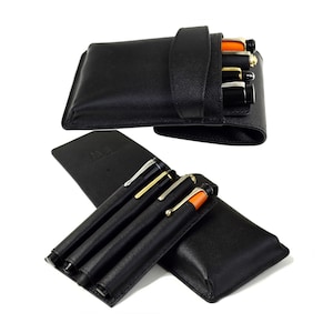 Genuine leather Pen pencil case pouch with slide-in divider tray - Safiano Pattern Jet black colour
