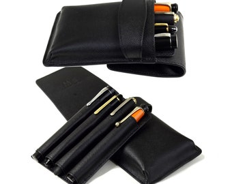 Genuine leather Pen pencil case pouch with slide-in divider tray - Safiano Pattern Jet black colour