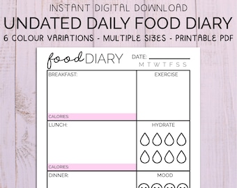 Daily Food Diary Printable , Food Journal , Digital Diet , Weight ...