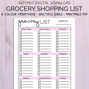 Lista de compras de alimentos comestibles Imprimible , Tienda de alimentos , Descarga instantánea Lista de 6 colores para hacer , Artículos categorizados Fresco congelado A4 A5 Carta PDF
