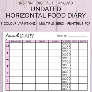 Diario de alimentos diario horizontal imprimible, diario, dieta digital, registro de ingesta de seguimiento de peso, planificador de comidas, rastreador de agua, carta A4 A5 PDF