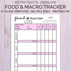 Food Diary & Macro Tracker Imprimable , Weight Tracking Intake Log , Track Carb Fats Protein and Sugar, A4 A5 Letter PDF Journal Diet