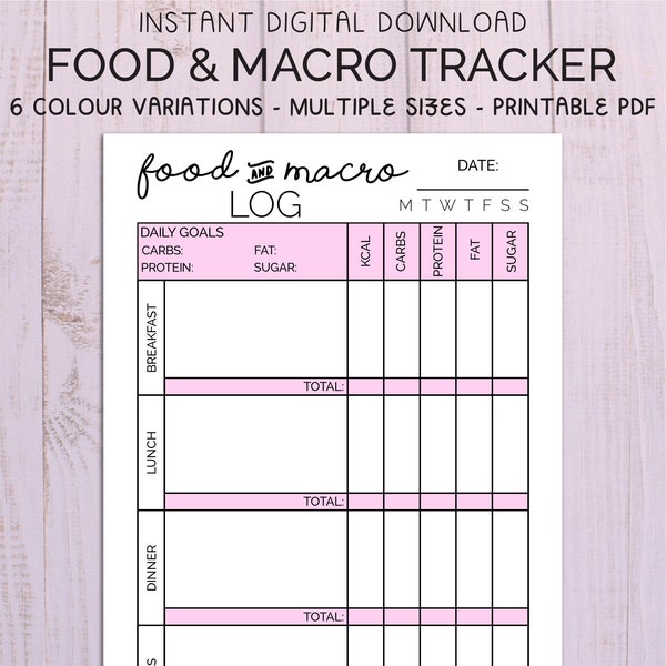 Food Diary & Macro Tracker Printable , Weight Tracking Intake Log , Track Carb Fats Protein and Sugar, A4 A5 Letter PDF Journal Diet