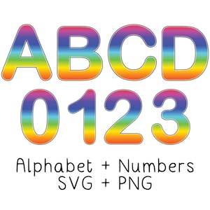 May include: Rainbow alphabet letters A, B, C, D and numbers 0, 1, 2, 3.  Alphabet + Numbers SVG + PNG.