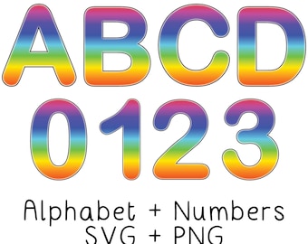 Rainbow Gradient Black and White Border A-Z 0-9 Alphabet Numbers SVG and PNG Set - Kawaii Clip Art Bold Monogram Vector Print and Cut Files