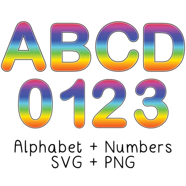 Rainbow Gradient Black and White Border A-Z 0-9 Alphabet Numbers SVG and PNG Set - Kawaii Clip Art Bold Monogram Vector Print and Cut Files