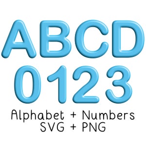 Blue Icing Inspired A-Z 0-9 Alfabeto y números SVG y PNG Set - Baby Boy Blue Kawaii Clip Art Bold Monogram Vector Print and Cut Files