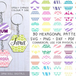 May include: Thirty hexagonal patterns in various colors and designs. The patterns include stripes, polka dots, hearts, stars, and geometric shapes. The patterns are perfect for crafting projects, such as keychains, ornaments, and home decor.