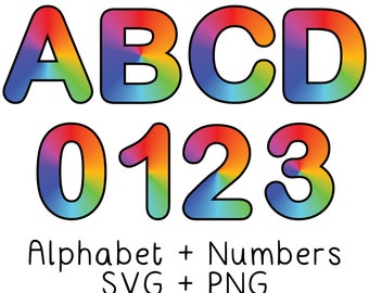 Rainbow Gradient Black Outline A-Z 0-9 Alphabet Numbers SVG and PNG Set - Kawaii Clip Art Bold Monogram Vector Print and Cut Files