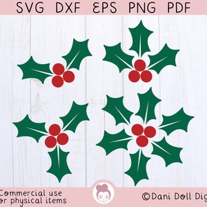 Holly Leaves and Berries SVG DXF PNG Clip Art, Xmas Festive Tree Designs, Merry Christmas, Diy Gift Cut File, Snow Svg, Berry Leaf Clipart