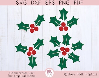 May include: Four digital cut files of holly sprigs with red berries. The holly leaves are green and the berries are red. The files are available in SVG, DXF, EPS, PNG, and PDF formats.  Commercial use for physical items is allowed.