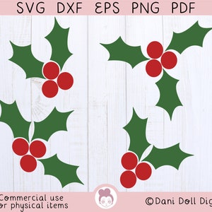 Holly Leaves and Berries SVG DXF PNG Clip Art, Xmas Festive Tree Designs, Merry Christmas, Diy Gift Cut File, Snow Svg, Berry Leaf Clipart