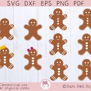 May include: A collection of brown gingerbread man designs with white icing details. Some gingerbread men have crowns or bows. The image includes the text "SVG DXF EPS PNG PDF" and "Commercial use for physical items".