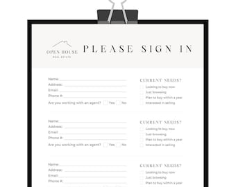 Realtor Open House Sign In Sheet Template, Instant Download Sign In Sheet， Printable Sign In sheet，Real Estate Open House Sign In Sheet