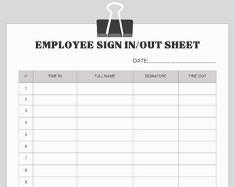 Printable Employee Sign in Sheet | Instant Download in Letter Size PDF PNG and JPG format for Easy Download and Print | Sign In and Sign Out