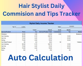 May include: A digital spreadsheet titled "Hair Stylist Daily Commission and Tips Tracker" with a table showing income details. The text "Auto Calculation" and "Compatible with Google Sheets and Microsoft Excel" are also displayed.