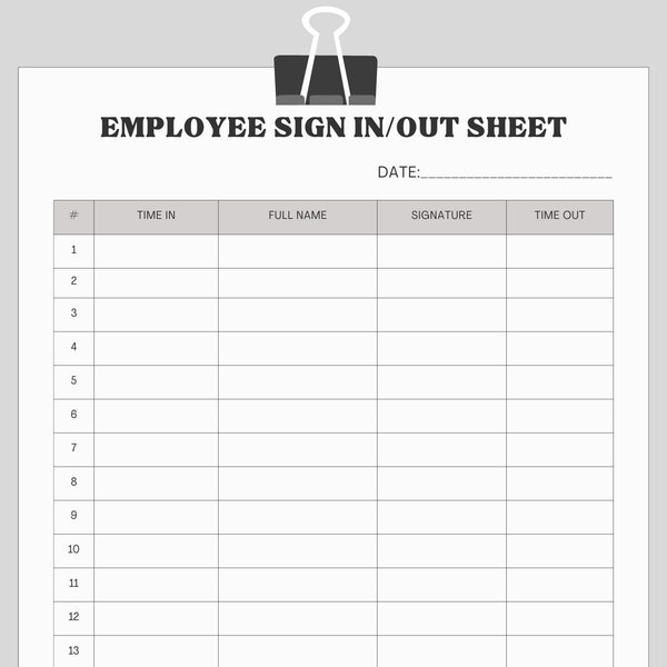 Printable Employee Sign in Sheet | Instant Download in Letter Size PDF PNG and JPG format for Easy Download and Print | Sign In and Sign Out