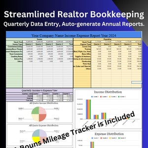May include: A spreadsheet with charts and graphs showing income and expenses for a real estate business. The spreadsheet is titled "Your Company Name Income Expense Report Year 2024".