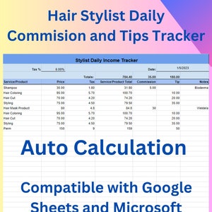May include: A digital spreadsheet titled "Hair Stylist Daily Commission and Tips Tracker" with a table showing income details. The text "Auto Calculation" and "Compatible with Google Sheets and Microsoft Excel" are also displayed.