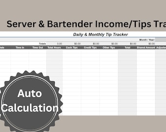 May include: A black and white printable spreadsheet for tracking server and bartender income and tips. The spreadsheet includes columns for date, time in, time out, total hours, cash tips, credit tips, other tips, total, shared amount, adjusted total, and notes. The spreadsheet also includes a section for totals and a section for month and year. The spreadsheet has a gray background and a black and white design.