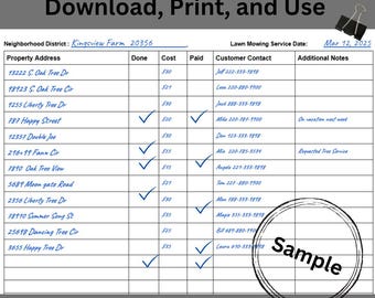 Lawn Mowing Service Log | Lawn Mowing Schedule Templates for Multiple Properties | Instant Download Mowing Template in PDF Word and JPG