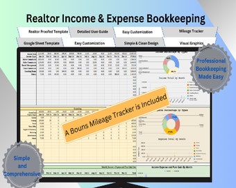 Realtor Bookkeeping Templates Google Sheets: Income and expense tracker spreadsheet -Customizable Google Sheets for Real Estate Business