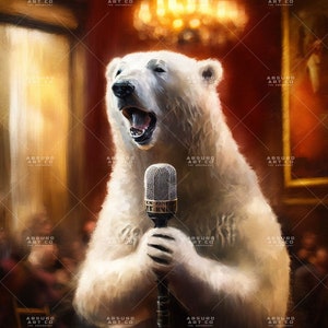 Gigglepuff the Polar Bear Lounge Singer, Absurd Oil Painting, AI-Generated Art, Print at Home, Instant Digital Download, Wall Art, 2:3 Ratio