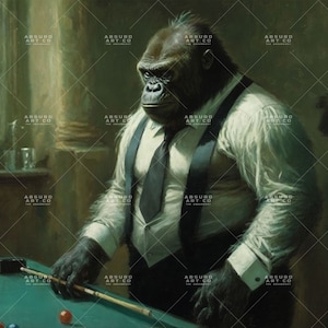 Darya the Billiards Gorilla, Absurd Oil Painting, AI-Generated Art, Print at Home, Instant Digital Download, Wall Art, 2:3 Ratio