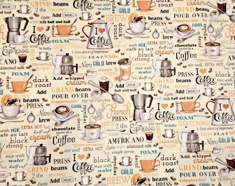 I love Coffee Fabric, priced by the yard, 100% cotton