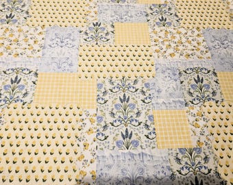 Yellow and Blue Vintage patchwork fabric, priced by the yard, 100% cotton