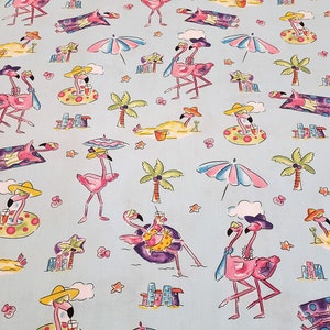 Summer fabric, Flamingos on the beach, light blue background, material by the yard 100% cotton