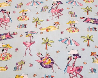 Summer fabric, Flamingos on the beach, light blue background, material by the yard 100% cotton