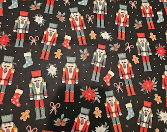 Nutcracker Christmas Fabric, priced by the yard, 100% Cotton on Black