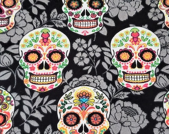 Halloweenstof, schedels, Day of the Dead, geprijsd op maat gesneden, 100% katoen