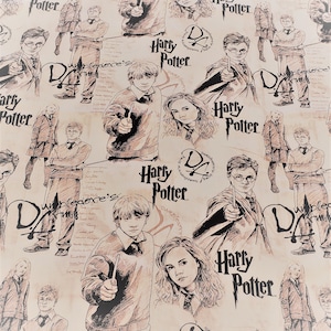 May include: A beige background with a repeating pattern of black and white illustrations of Harry Potter characters. The characters include Harry Potter, Ron Weasley, Hermione Granger, and other characters from the Harry Potter series. The text "Harry Potter" and "Dumbledore's Army" are also included in the pattern.