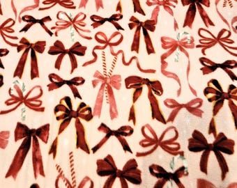 Candy Cane Bows Christmas FLEECE fabric, priced by the yard, 60"width