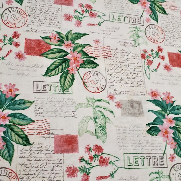 French Postage Floral material by the yard 100% cotton