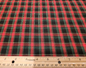 Black, Red and green metallic gold strip, homespun plaid fabric, priced by the yard, 100% cotton